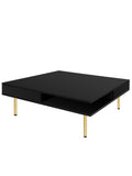 ON-TREND Exquisite High Gloss Coffee Table with 4 Golden Legs and 2 Small Drawers, 2-Tier Square Center Table for Living Room, Black