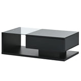 [VIDEO provided] ON-TREND Modern Coffee Table with Tempered Glass, Wooden Cocktail Table with High-gloss UV Surface, Modernist 2-Tier Rectangle Center Table for Living Room, Black