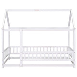 Twin Size Floor Wooden Bed with House Roof Frame, Fence Guardrails,White