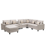 Nolan Beige Linen Fabric 7Pc Reversible Chaise Sectional Sofa with a USB, Charging Ports, Cupholders, Storage Console Table and Pillows and Interchangeable Legs