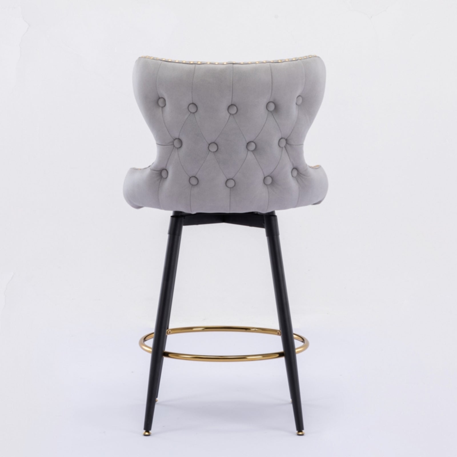 A&A Furniture,Counter Height 25" Modern Leathaire Fabric bar chairs,180° Swivel Bar Stool Chair for Kitchen,Tufted Gold Nailhead Trim Bar Stools with Metal Legs,Set of 2 (Light Gray)