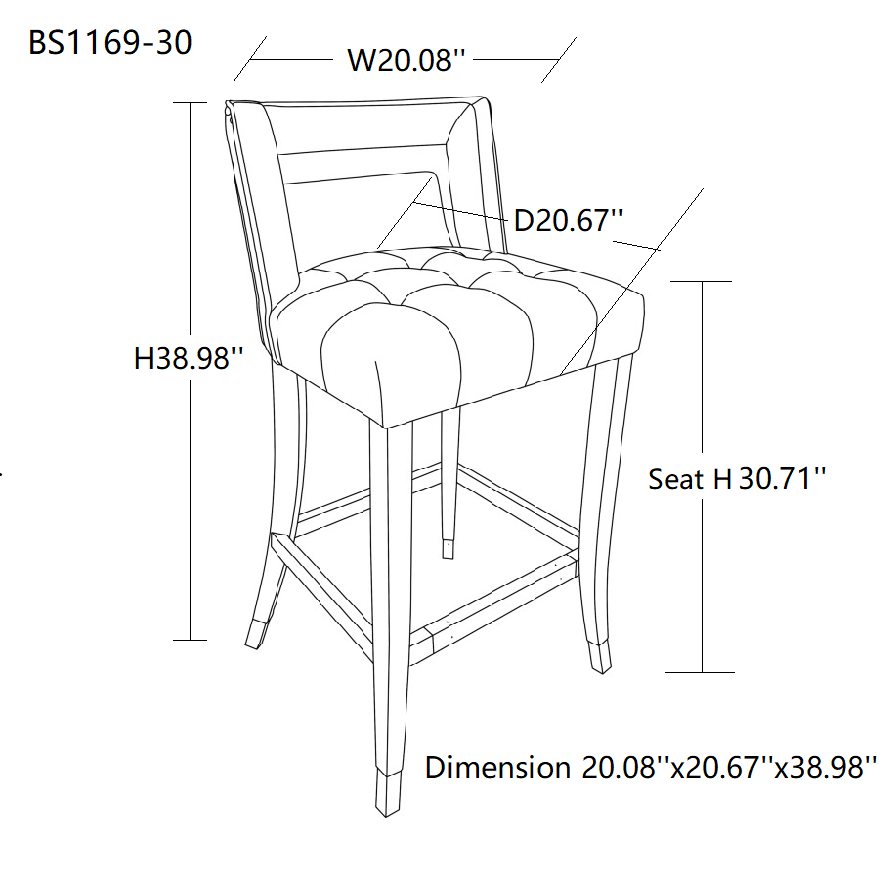 2 pcs Set 30 inch Velvet Barstool with nailheads