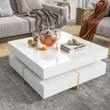 ON-TREND Modern High Gloss Coffee Table with 4 Drawers, Multi-Storage Square Cocktail Tea Table with Wood Grain Legs, Center Table for Living Room, 31.5''x31.5'', White