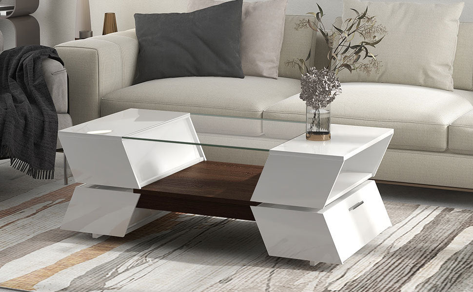 [VIDEO provided] ON-TREND 6mm Glass-Top Coffee Table with Open Shelves and Cabinets, Geometric Style Cocktail Table with Great Storage Capacity, Modernist 2-Tier Center Table for Living Room, White