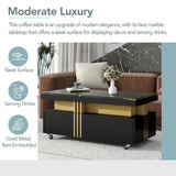 [VIDEO provided] ON-TREND Contemporary Coffee Table with Faux Marble Top, Rectangle Cocktail Table with Caster Wheels, Moderate Luxury Center Table with Gold Metal Bars for Living Room, Black