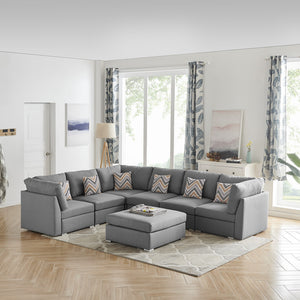 Amira 120.5" Gray Fabric Reversible Modular Sectional Sofa with Ottoman and Pillows