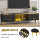 ON-TREND Stylish LED TV Stand with Marble-veined Table Top for TVs Up to 78'', Entertainment Center with Brown Glass Storage Cabinet, Golden Legs & Handles for Living Room, Black