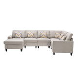 Nolan Beige Linen Fabric 6Pc Reversible Chaise Sectional Sofa with Pillows and Interchangeable Legs