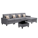 Nolan Gray Linen Fabric 5Pc Reversible Sofa Chaise with Interchangeable Legs, Storage Ottoman, and Pillows