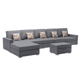 Nolan Gray Linen Fabric 6Pc Reversible Sectional Sofa Chaise with Interchangeable Legs, Pillows and Storage Ottoman