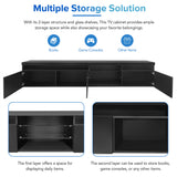 ON-TREND Unique Design TV Stand with 2 Glass Shelves, Ample Storage Space Media Console for TVs Up to 105", Versatile TV Cabinet with LED Color Changing Lights for Living Room, Black