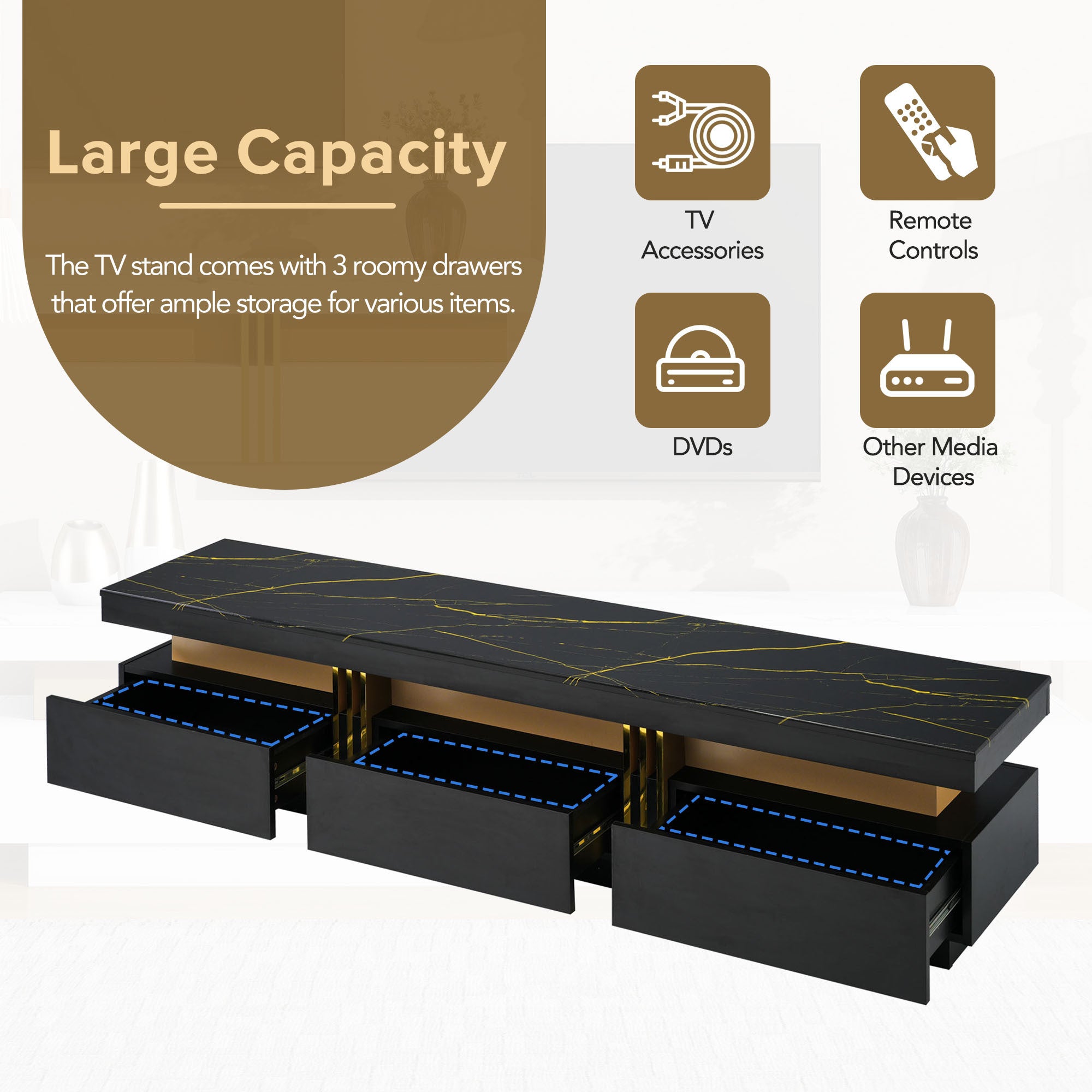 ON-TREND Luxury TV Stand with High Gloss Faux Marble Top for TVs Up to 78'', Rectangle Media Console with Golden Panel Design, Practical Entertainment Center with 3 Drawers for Living Room, Black