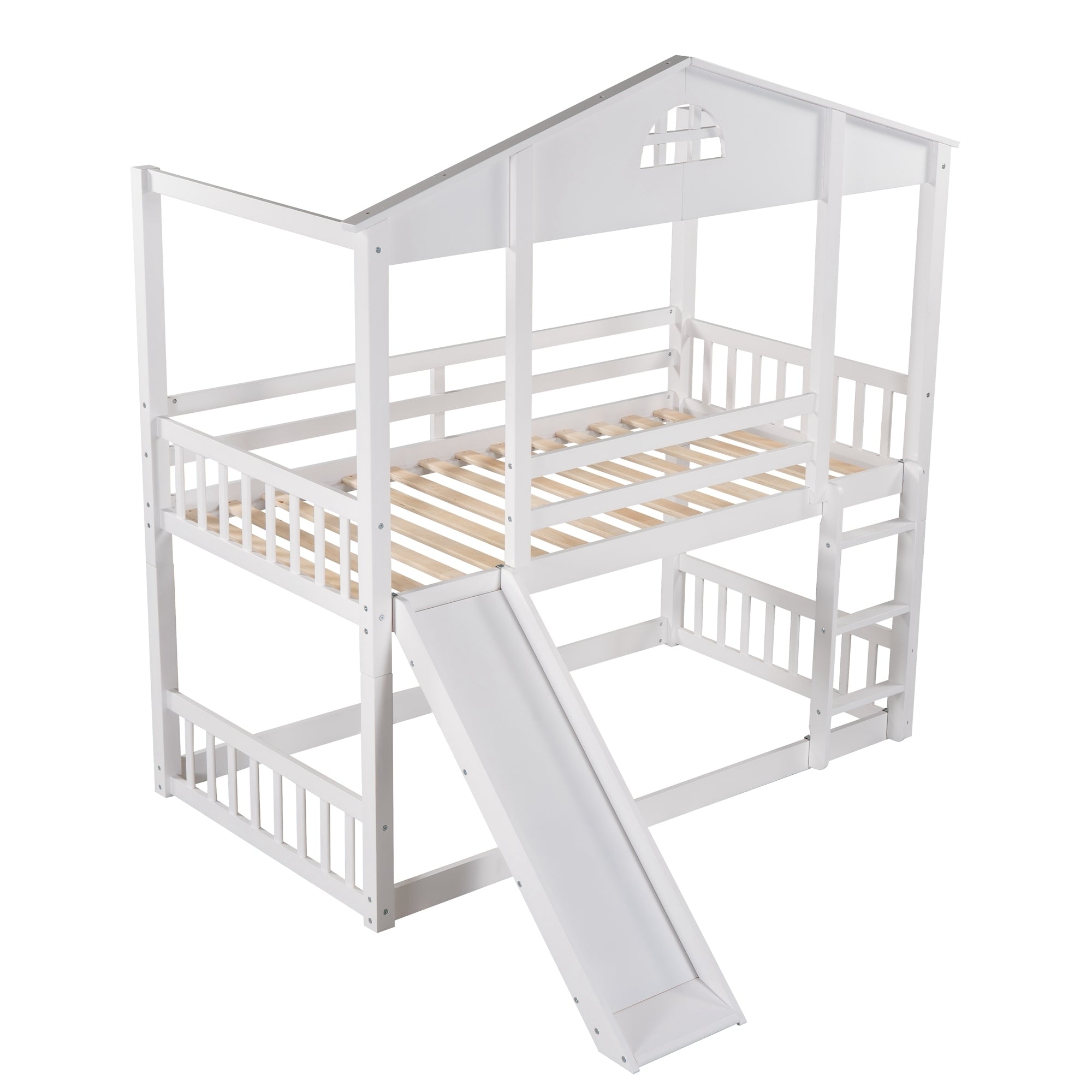 Twin over Twin House Bunk Bed with Convertible Slide and Ladder,Converts into 2 Separate Platform Beds,White