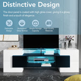 ON-TREND Unique Shape TV Stand with 2 Illuminated Glass Shelves, High Gloss Entertainment Center for TVs Up to 88", Versatile TV Cabinet with LED Color Changing Lights for Living Room, Black&White