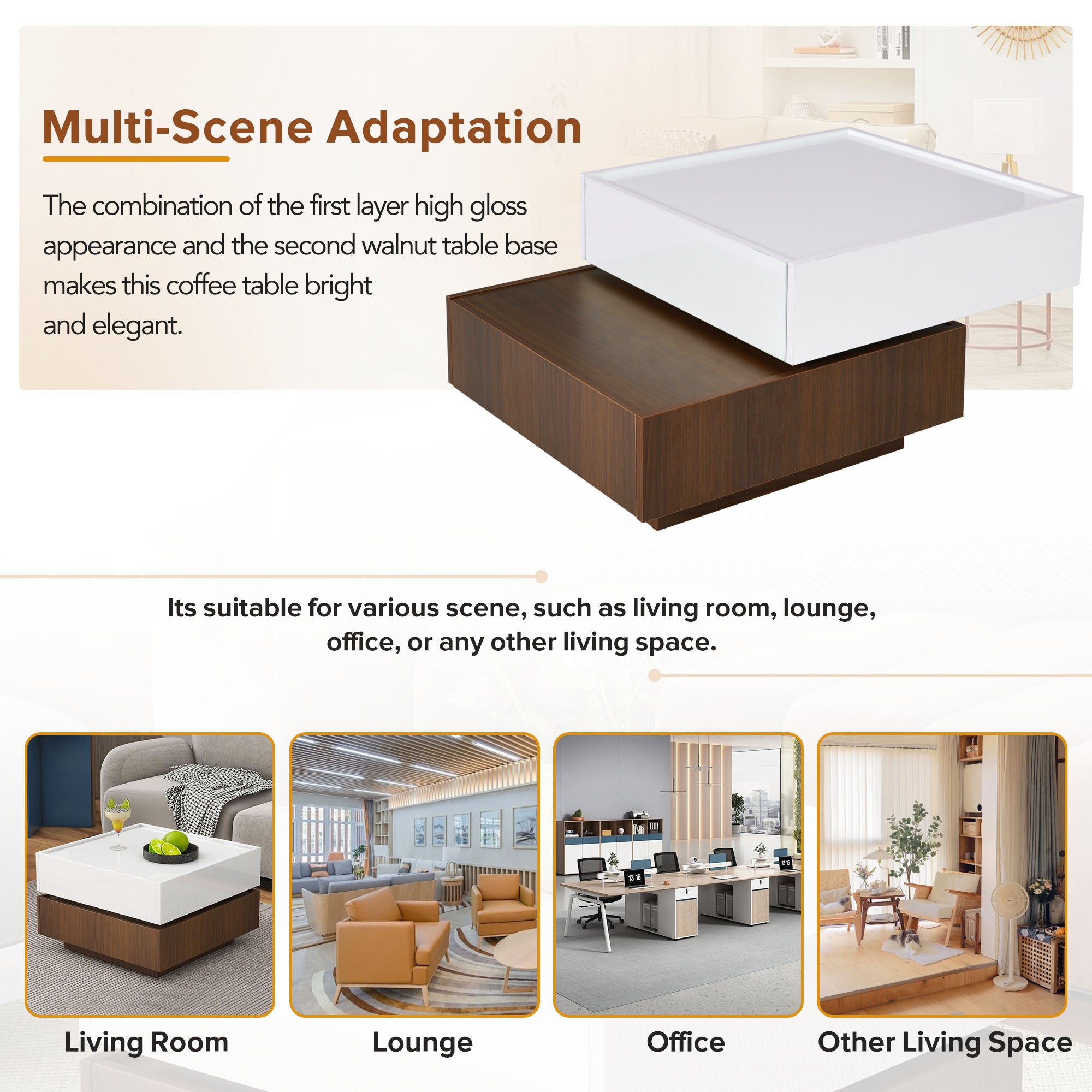 [VIDEO provided] ON-TREND Square 360°Rotating Coffee Table with 2 Drawers, High Gloss 2-Tier Center Table with Swivel Tabletop and Storage, Walnut Table Frame Side Table for Living Room, White