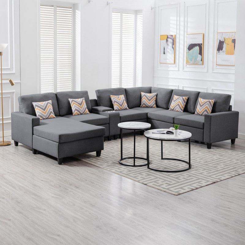 Nolan Gray Linen Fabric 7Pc Reversible Chaise Sectional Sofa with a USB, Charging Ports, Cupholders, Storage Console Table and Pillows and Interchangeable Legs