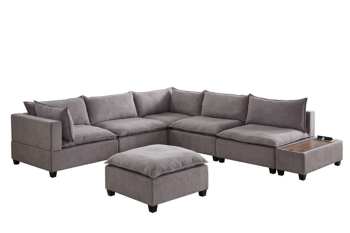 Madison Light Gray Fabric 7Pc Modular Sectional Sofa with Ottoman and USB Storage Console Table