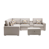 Nolan Beige Linen Fabric 7Pc Reversible Sectional Sofa with Interchangeable Legs, Pillows, Storage Ottoman, and a USB, Charging Ports, Cupholders, Storage Console Table