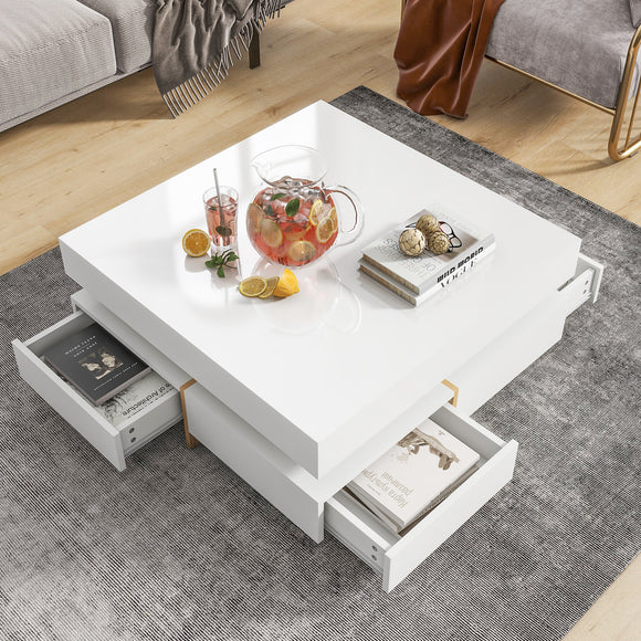 ON-TREND Modern High Gloss Coffee Table with 4 Drawers, Multi-Storage Square Cocktail Tea Table with Wood Grain Legs, Center Table for Living Room, 31.5''x31.5'', White