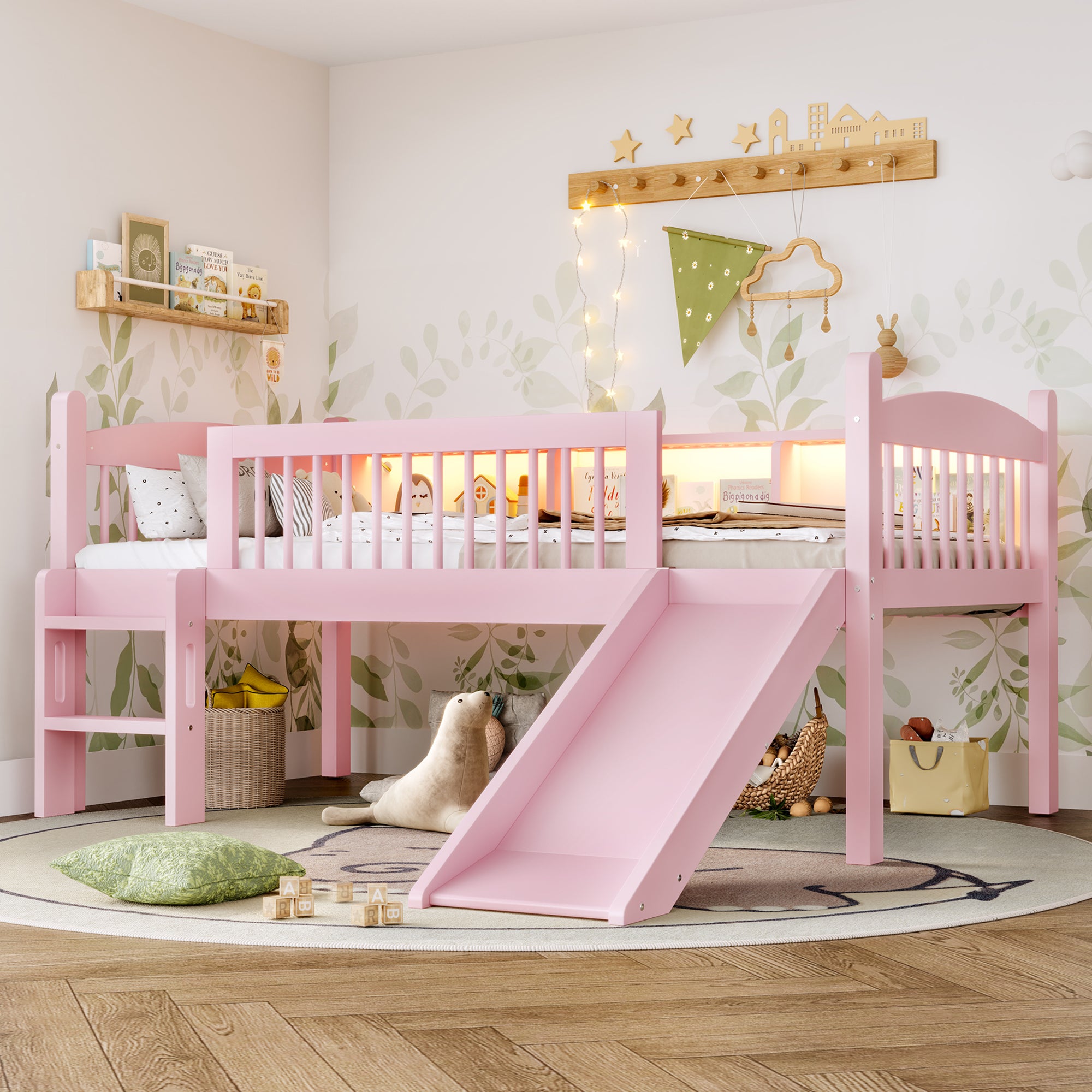 Twin XL Loft Bed with Storage Shelves, Solid Wood Lower Loft Bed with LED Lights and Full-length Guardrails, No Box Spring Needed, Pink