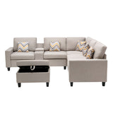 Nolan Beige Linen Fabric 7Pc Reversible Sectional Sofa with Interchangeable Legs, Pillows, Storage Ottoman, and a USB, Charging Ports, Cupholders, Storage Console Table