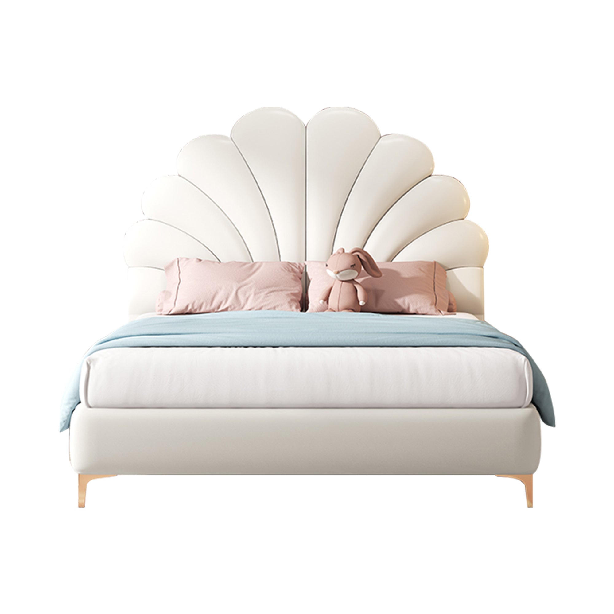 Modern Upholstered Leather Bed Frame with Petal shaped Headboard, Heavy Duty Platform Bed with Wood Slat Support