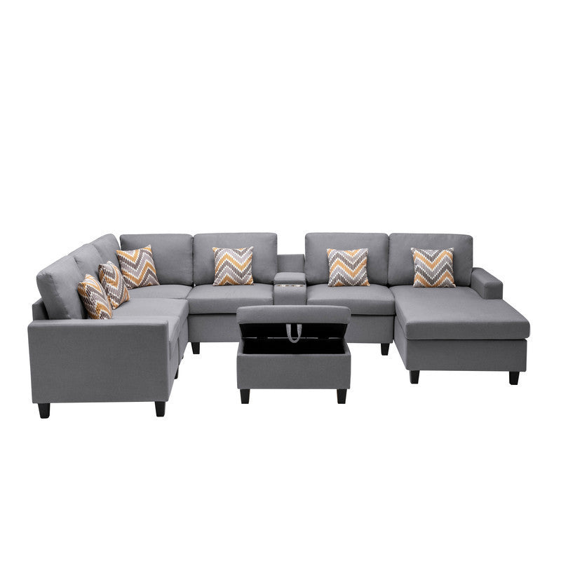 Nolan Gray Linen Fabric 8Pc Reversible Chaise Sectional Sofa with Interchangeable Legs, Pillows, Storage Ottoman, and a USB, Charging Ports, Cupholders, Storage Console Table