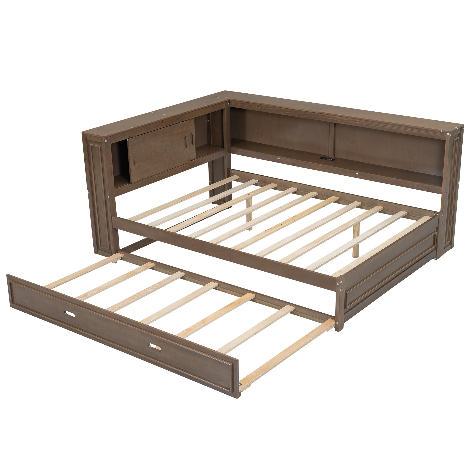 Full Size Wood Daybed with Storage Shelves, USB, LED, and Trundle in Antique Wood Color, Solid Pine Wood+MDF, 86.2''L x 65.7''W x 37.7''H