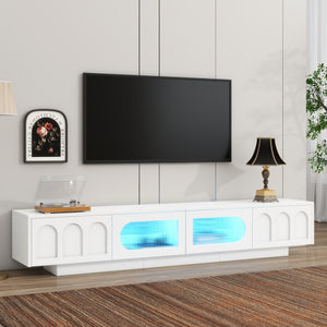 ON-TREND TV Stand with Fluted tempered Glass Doors for TVs Up to 95'', Functional Media Console with Arched Cabinet Doors, Entertainment Center with APP-Controlled LED Light for Living Room, White