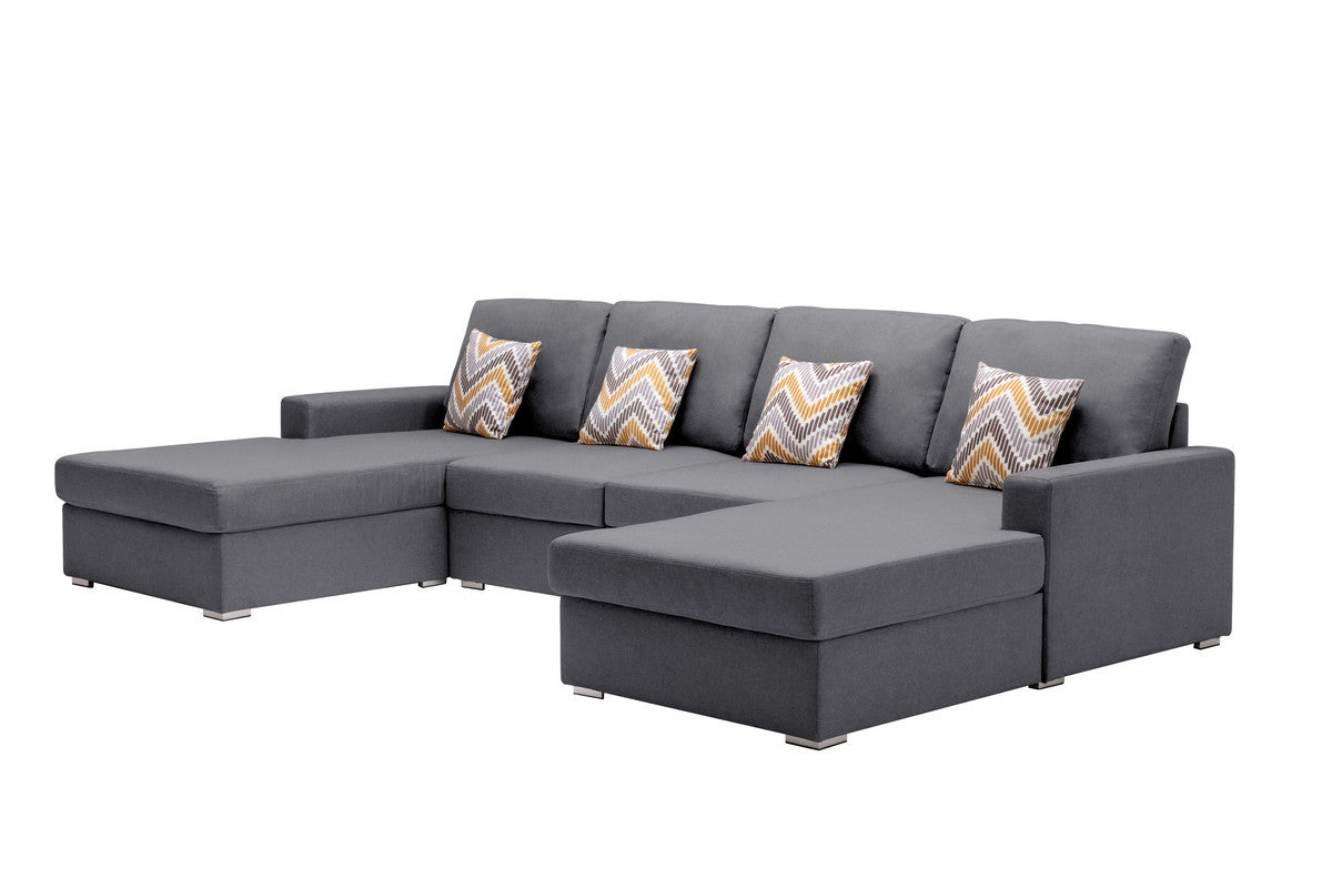 Nolan Gray Linen Fabric 4Pc Double Chaise Sectional Sofa with Pillows and Interchangeable Legs