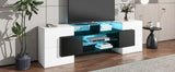 ON-TREND Unique Shape TV Stand with 2 Illuminated Glass Shelves, High Gloss Entertainment Center for TVs Up to 88", Versatile TV Cabinet with LED Color Changing Lights for Living Room, Black&White