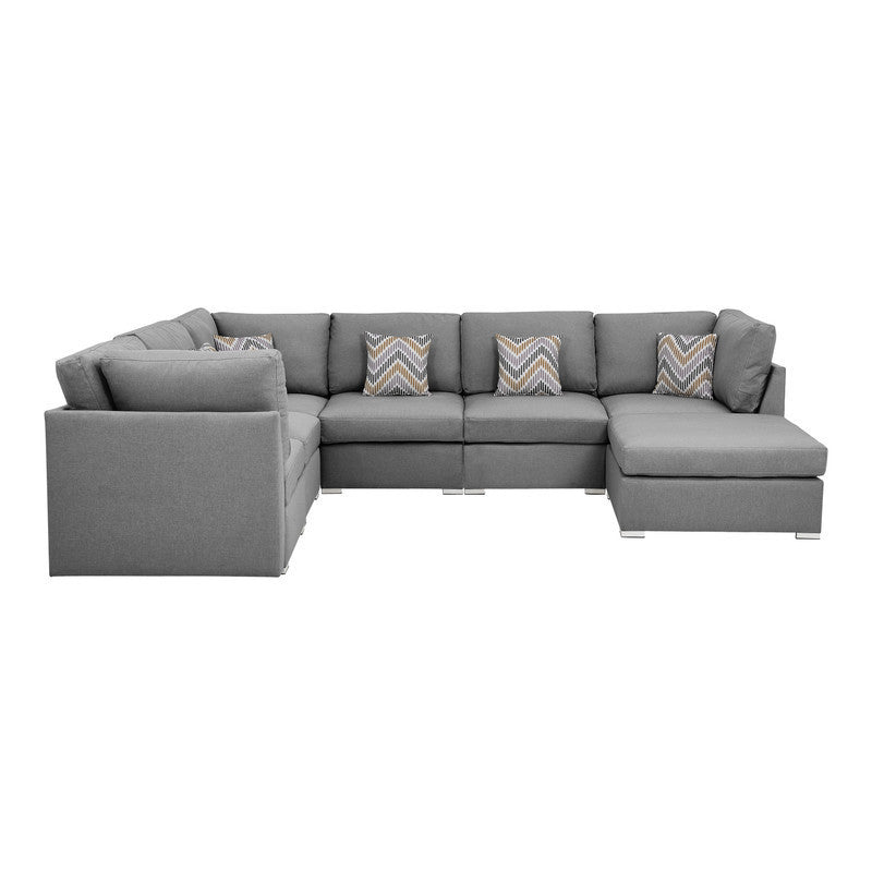 Amira Gray Fabric Reversible Modular Sectional Sofa with Ottoman and Pillows