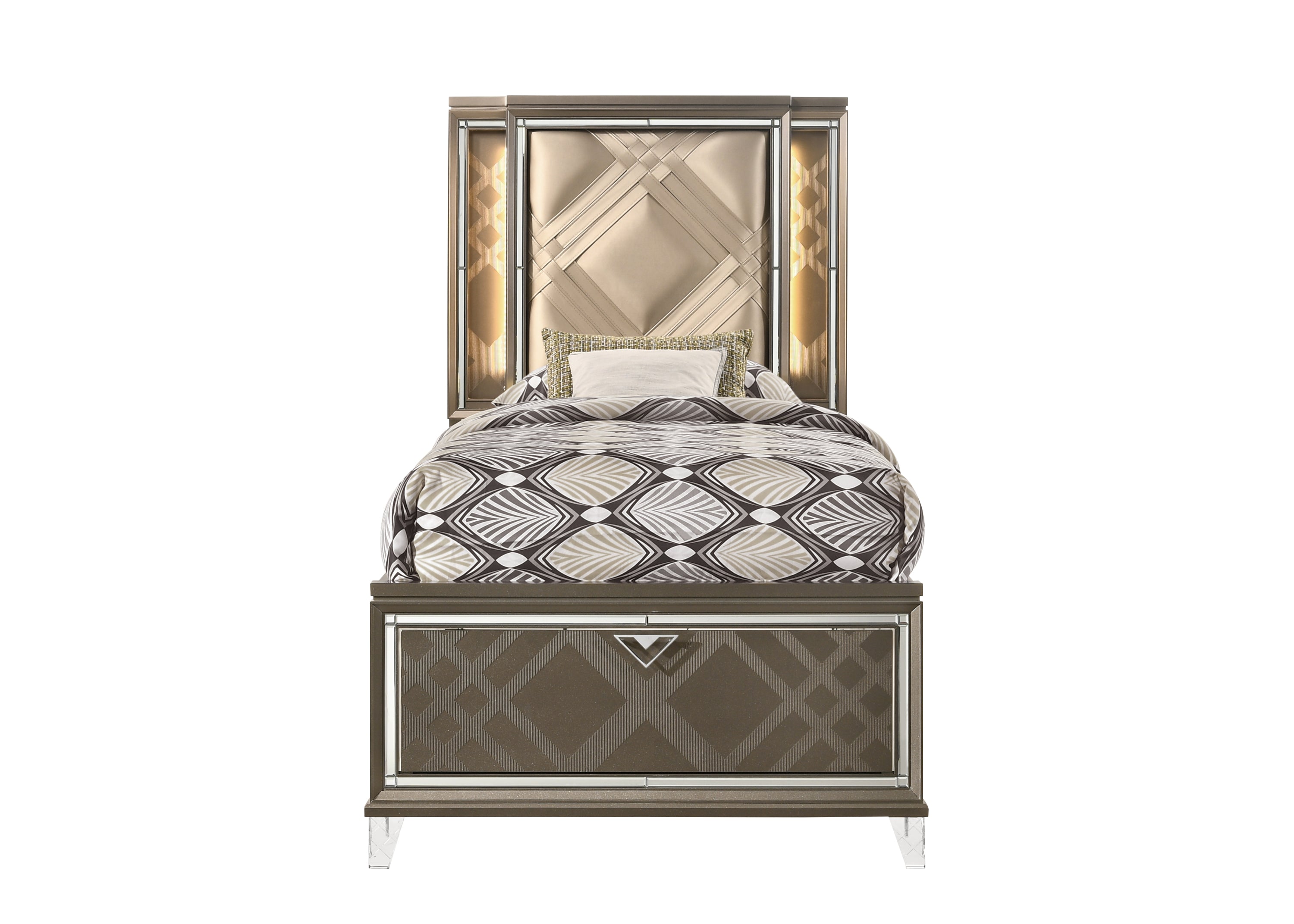Skylar Synthetic leather & Dark Champagne Finish Full Bed W/Led & Storage