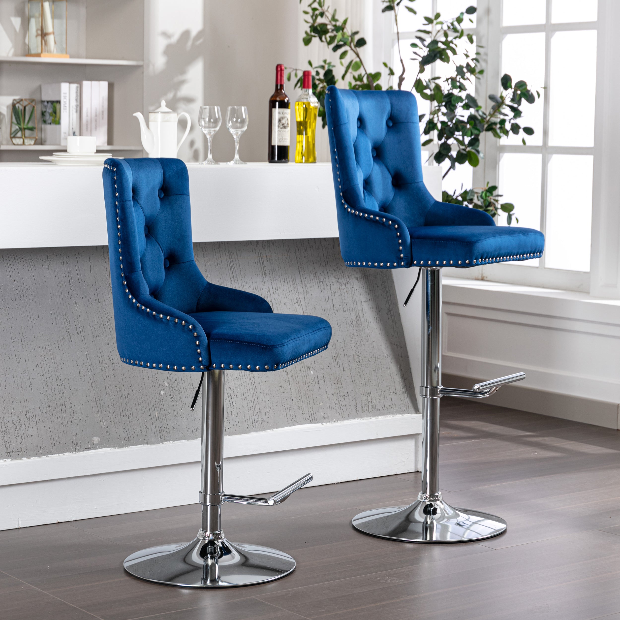 Swivel Velvet Barstools Adjusatble Seat Height , Modern Upholstered Bar Stools with Backs Comfortable Tufted for Home Pub and Kitchen Island（Dark Navy,Set of 2）