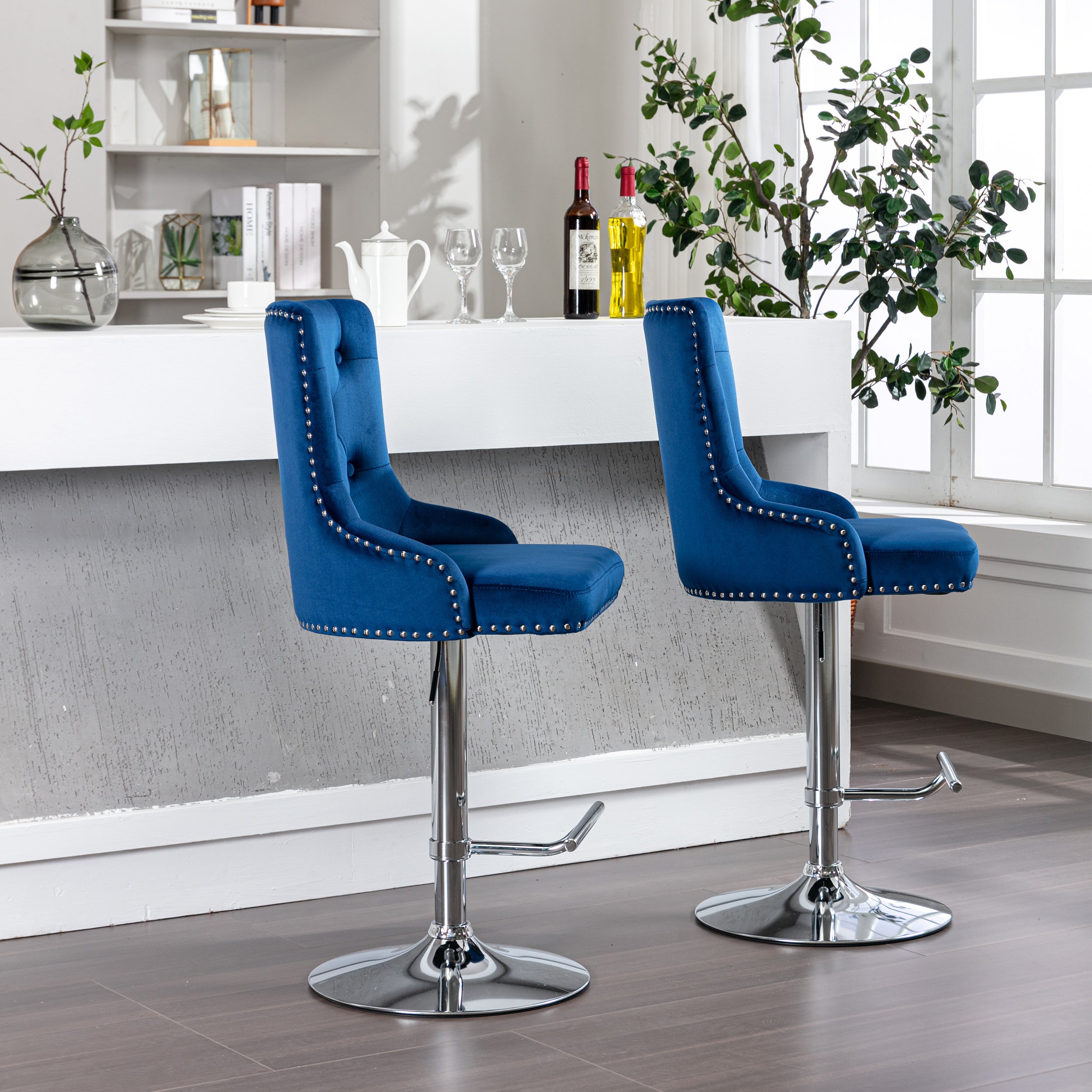 Swivel Velvet Barstools Adjusatble Seat Height , Modern Upholstered Bar Stools with Backs Comfortable Tufted for Home Pub and Kitchen Island（Dark Navy,Set of 2）