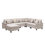 Nolan Beige Linen Fabric 6Pc Reversible Chaise Sectional Sofa with Pillows and Interchangeable Legs