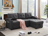 Mabel Dark Gray Linen Fabric Sleeper Sectional with cupholder, USB charging port and pocket