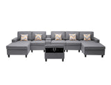 Nolan Gray Linen Fabric 7Pc Double Chaise Sectional Sofa with Interchangeable Legs, Storage Ottoman, Pillows, and a USB, Charging Ports, Cupholders, Storage Console Table