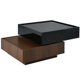 ON-TREND Multi-functional Square 360°Rotating Coffee Table with 2 Drawers, High Gloss 2-Tier Center Table with Swivel Tabletop and Storage, Walnut Table Frame Side Table for Living Room, Black