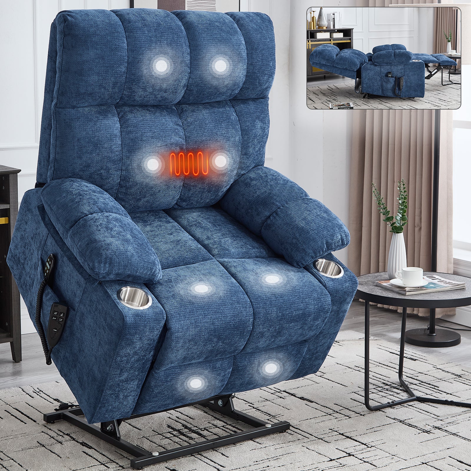 Blue Dual Motor Infinite Position Up to 350 LBS Chenille Power Lift Recliner Chair, Heavy Duty Motion Mechanism with 8-Point Vibration Massage and Lumbar Heating, Dual Cup Holders