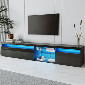 ON-TREND Unique Design TV Stand with 2 Glass Shelves, Ample Storage Space Media Console for TVs Up to 105", Versatile TV Cabinet with LED Color Changing Lights for Living Room, Black