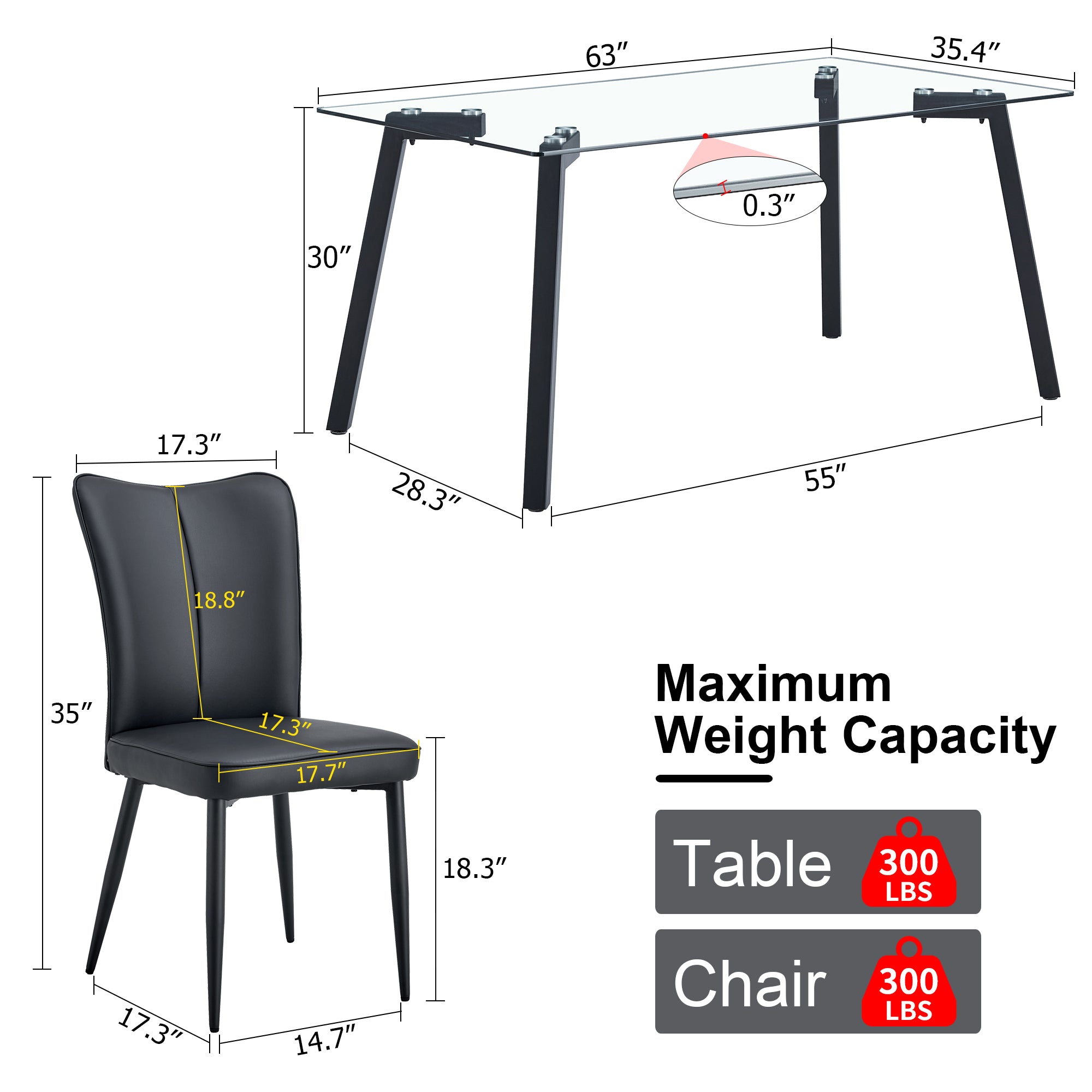 Table and chair set. 1 table and 6 black chairs. Glass dining table with 0.31-inch tempered glass tabletop and black coated metal legs. Equipped with black PU chairs 1123 008