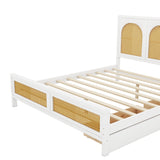 White Queen Size Wood Storage Platform Bed with 2 Drawers, Rattan Headboard and Footboard