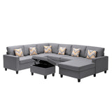 Nolan Gray Linen Fabric 7Pc Reversible Chaise Sectional Sofa with Interchangeable Legs, Pillows and Storage Ottoman