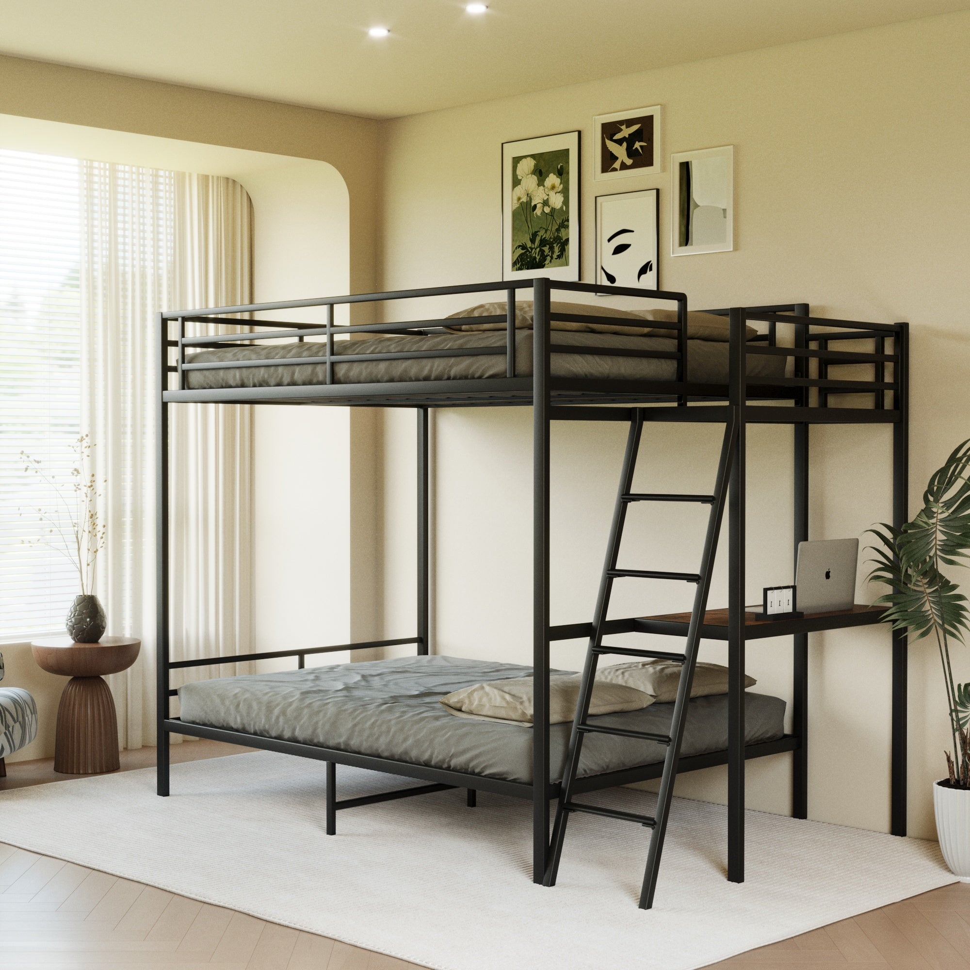 Black full size bunk bed with LED light and charging socket