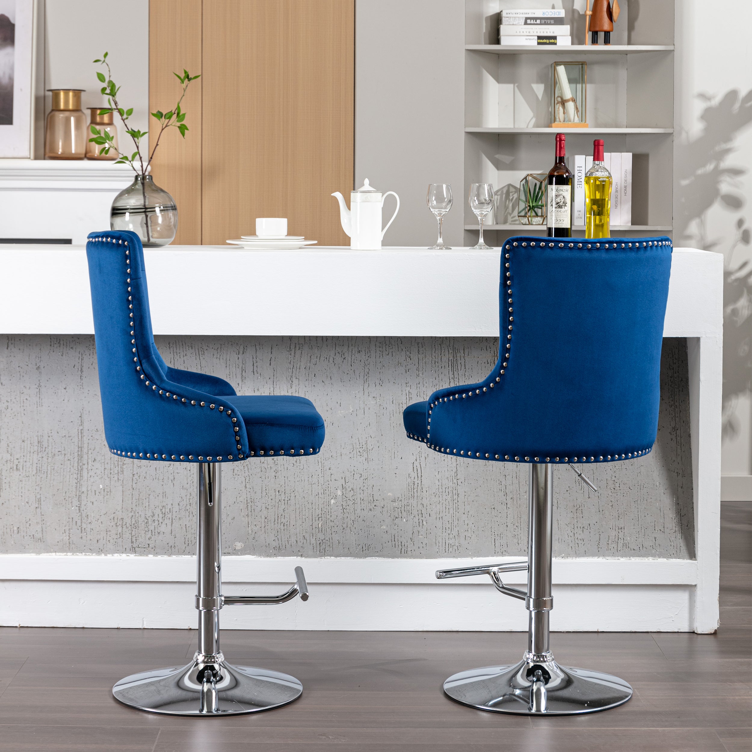 Swivel Velvet Barstools Adjusatble Seat Height , Modern Upholstered Bar Stools with Backs Comfortable Tufted for Home Pub and Kitchen Island（Dark Navy,Set of 2）