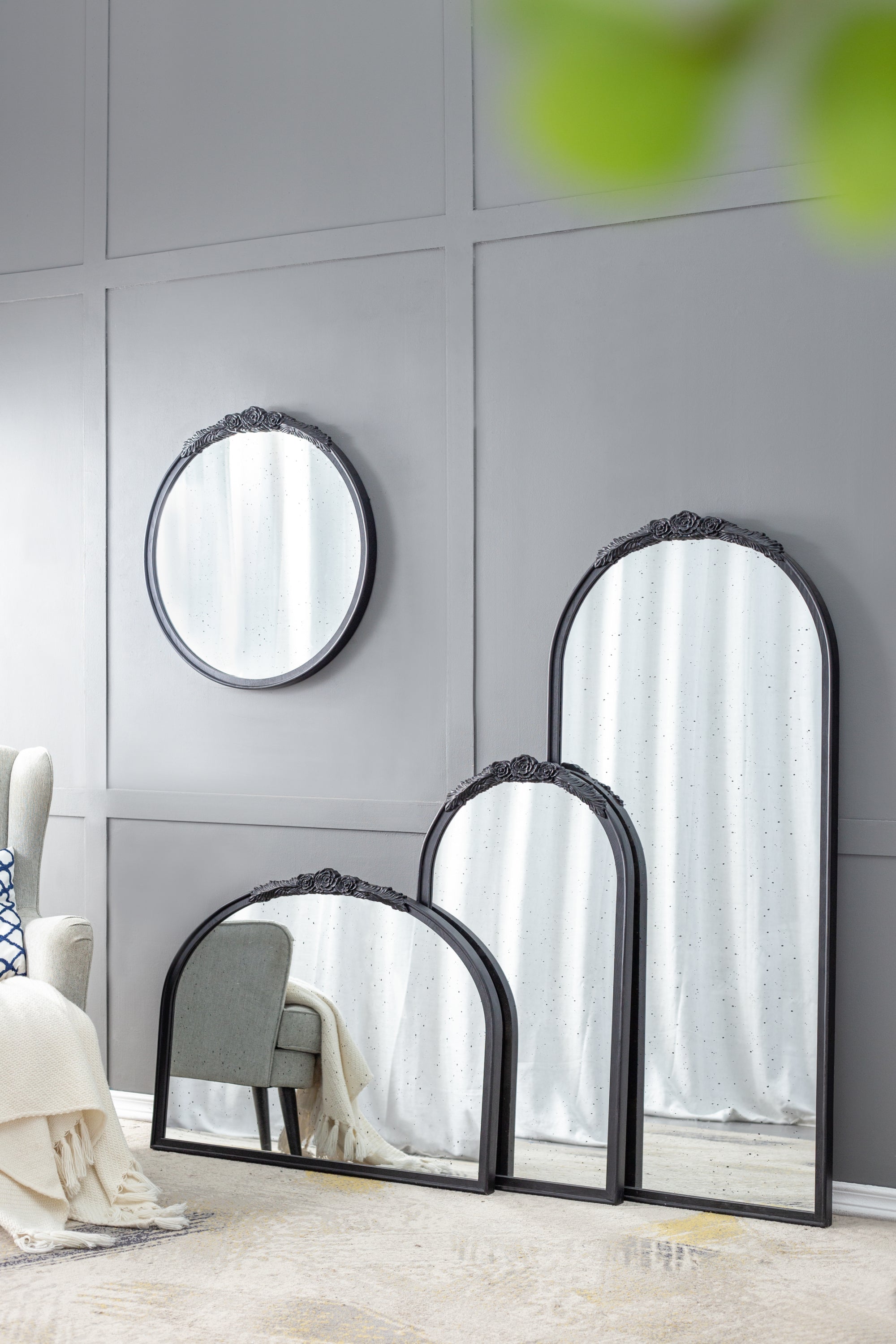 30" x 65"  Hand Carved Rose Antique Mirror Frame, Large Arch Mirror Wall Decor for Living Room, Bathroom, Entryway(Black)