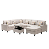 Nolan Beige Linen Fabric 7Pc Reversible Chaise Sectional Sofa with Interchangeable Legs, Pillows and Storage Ottoman