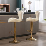 Set of 2  Bar Stools,with Chrome Footrest and Base Swivel Height Adjustable Mechanical Lifting Velvet + Golden Leg Simple Bar Stool-cream