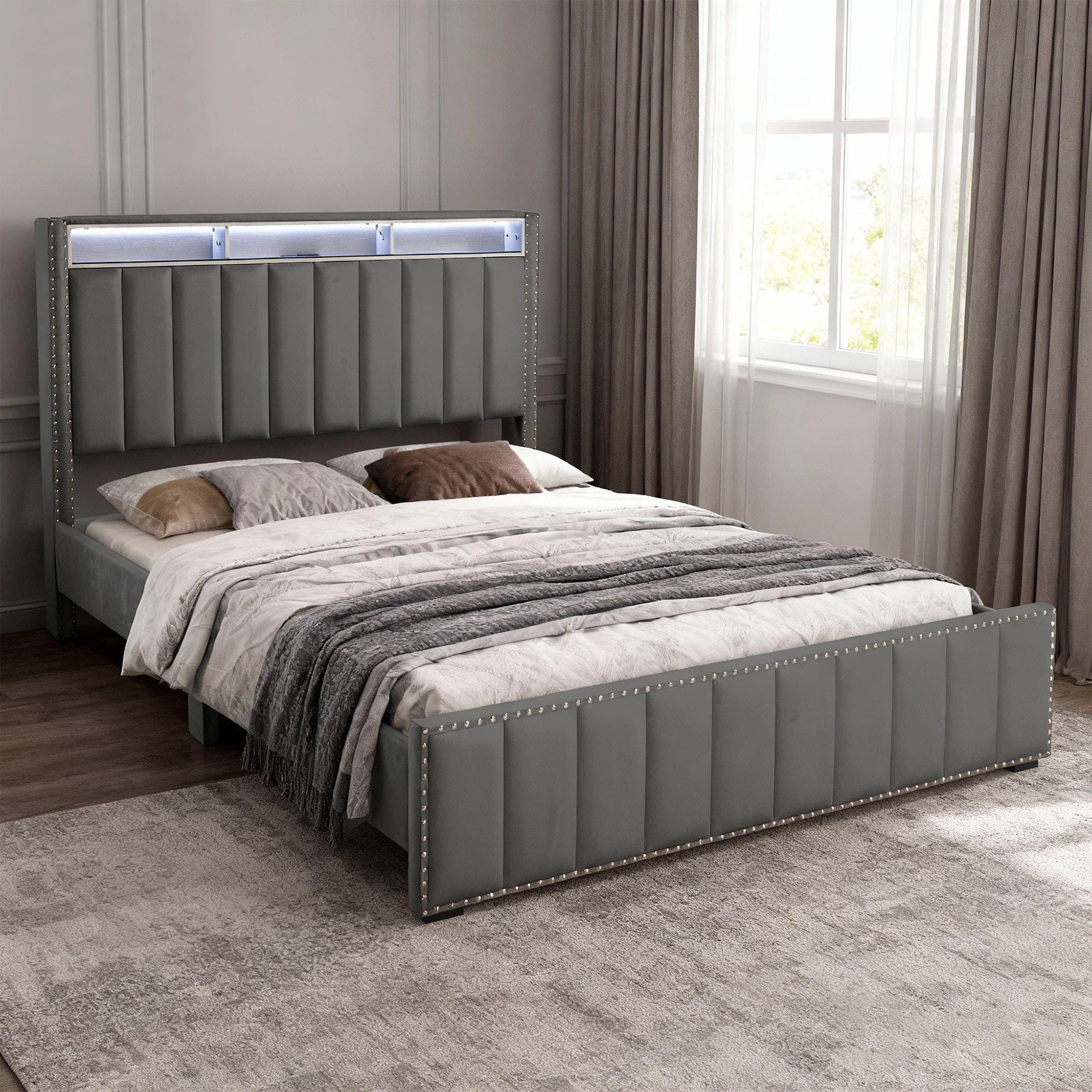 Beautiful Dark Gray Color 1pc Full Size Bed Storage Shelve LED Channel Tufting Bedroom Furniture Fabric Upholstered